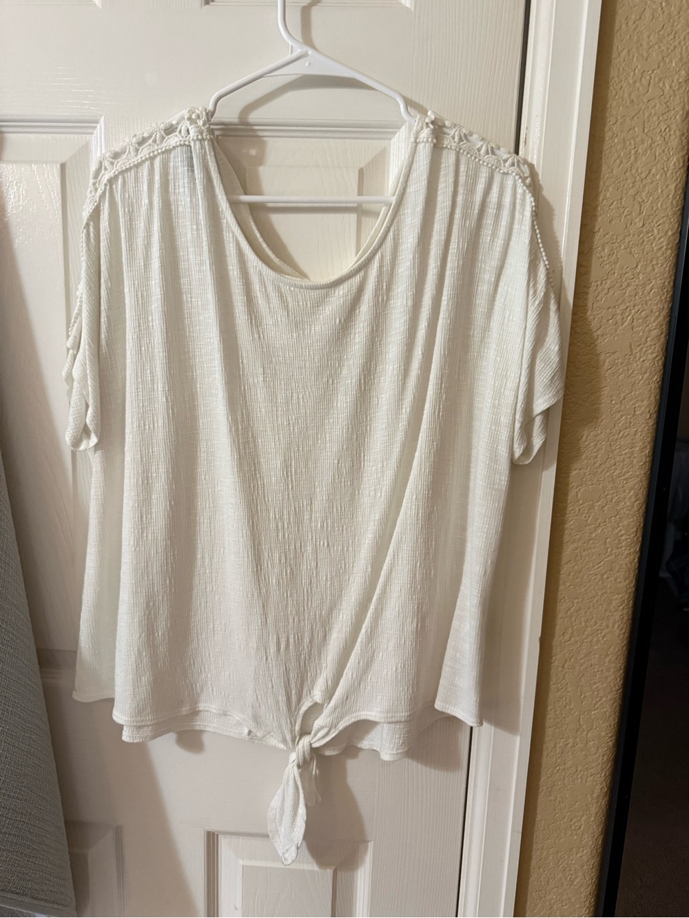 White Short Sleeve Tie-Front Top with Lace Trim